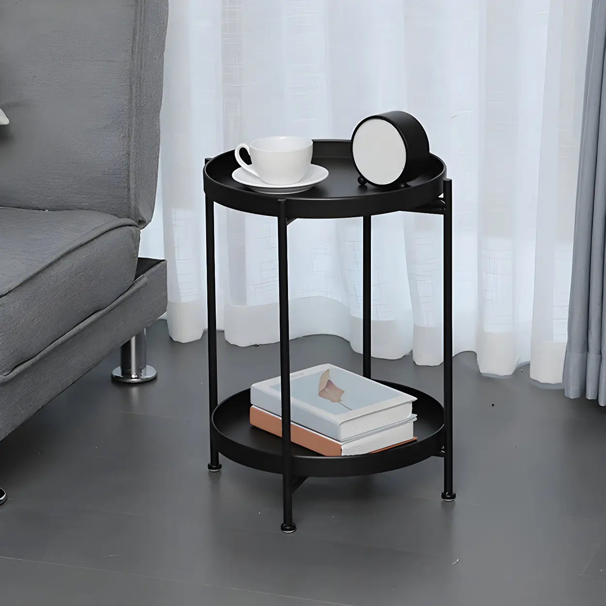 Round Black Iron Tray-Top Side Table with Shelf