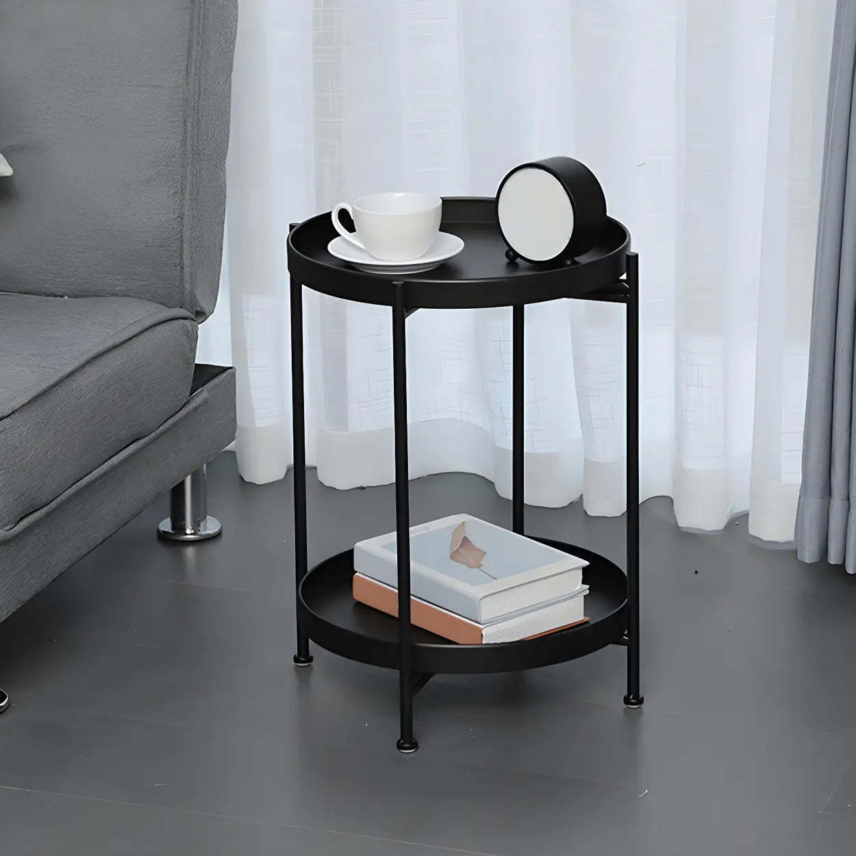 Round Black Iron Tray-Top Side Table with Shelf