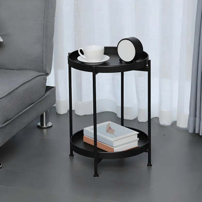 Round Black Iron Tray-Top Side Table with Shelf