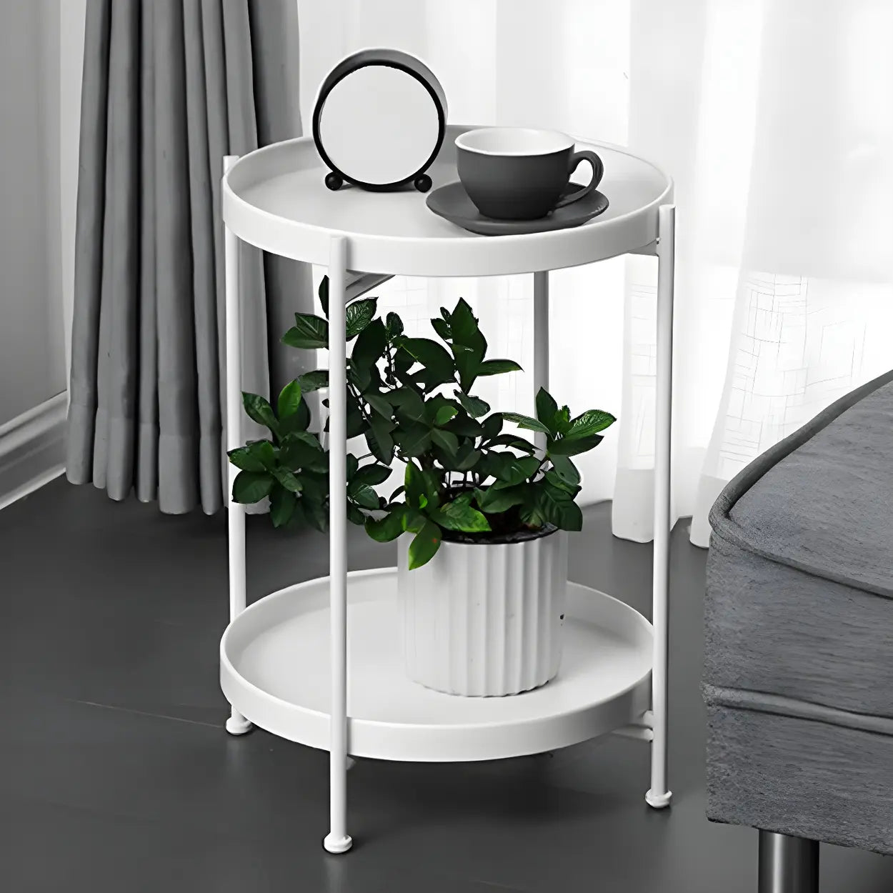 Round Black Iron Tray-Top Side Table with Shelf