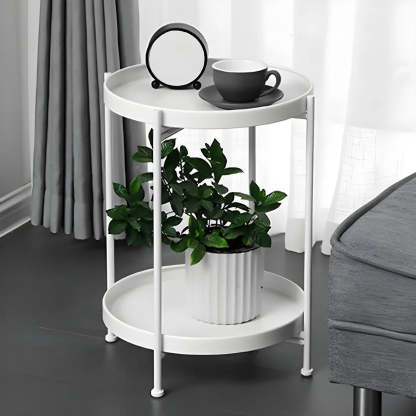 Round Black Iron Tray-Top Side Table with Shelf