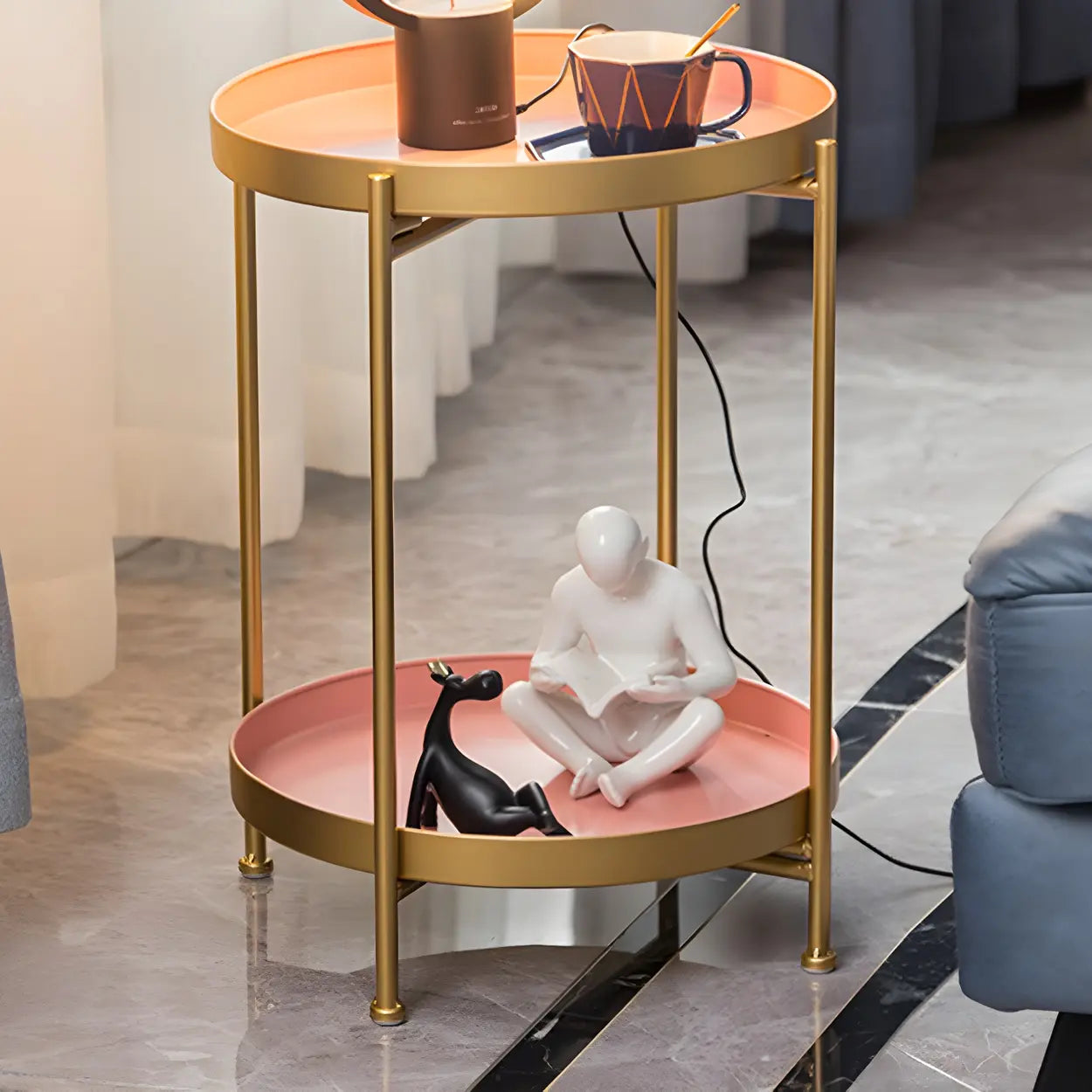 Round Black Iron Tray-Top Side Table with Shelf — White / 2