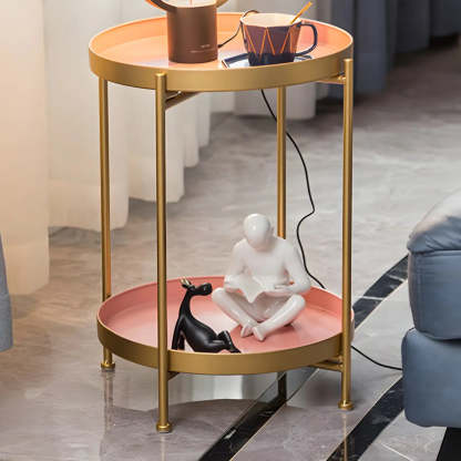 Round Black Iron Tray-Top Side Table with Shelf — White / 2