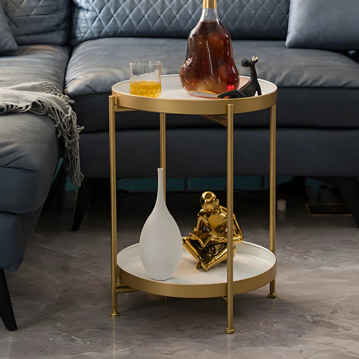 Round Black Iron Tray-Top Side Table with Shelf — Lemon Yellow / 2