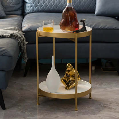 Round Black Iron Tray-Top Side Table with Shelf — Lemon Yellow / 2