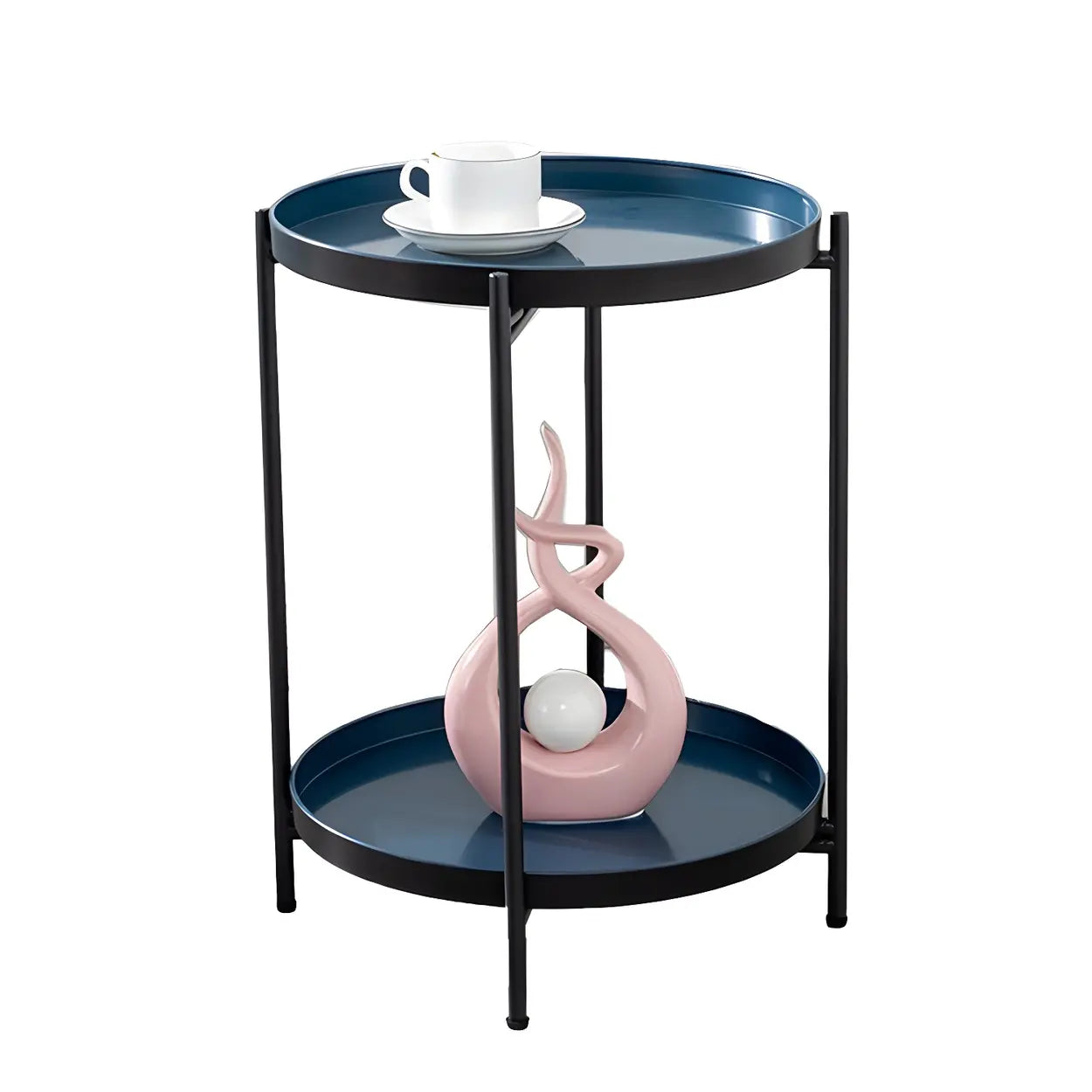 Round Black Iron Tray-Top Side Table with Shelf — Blue-Black / 1
