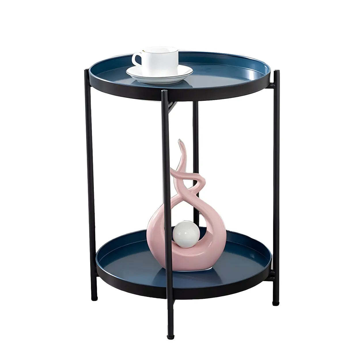 Round Black Iron Tray-Top Side Table with Shelf — Blue-Black / 1