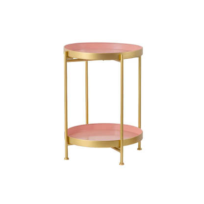 Round Black Iron Tray-Top Side Table with Shelf — White-Gold / 1