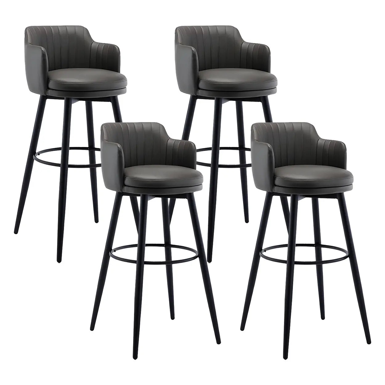 Round Leather Back Black Iron Bar Stool — Khaki / 4 Piece Set