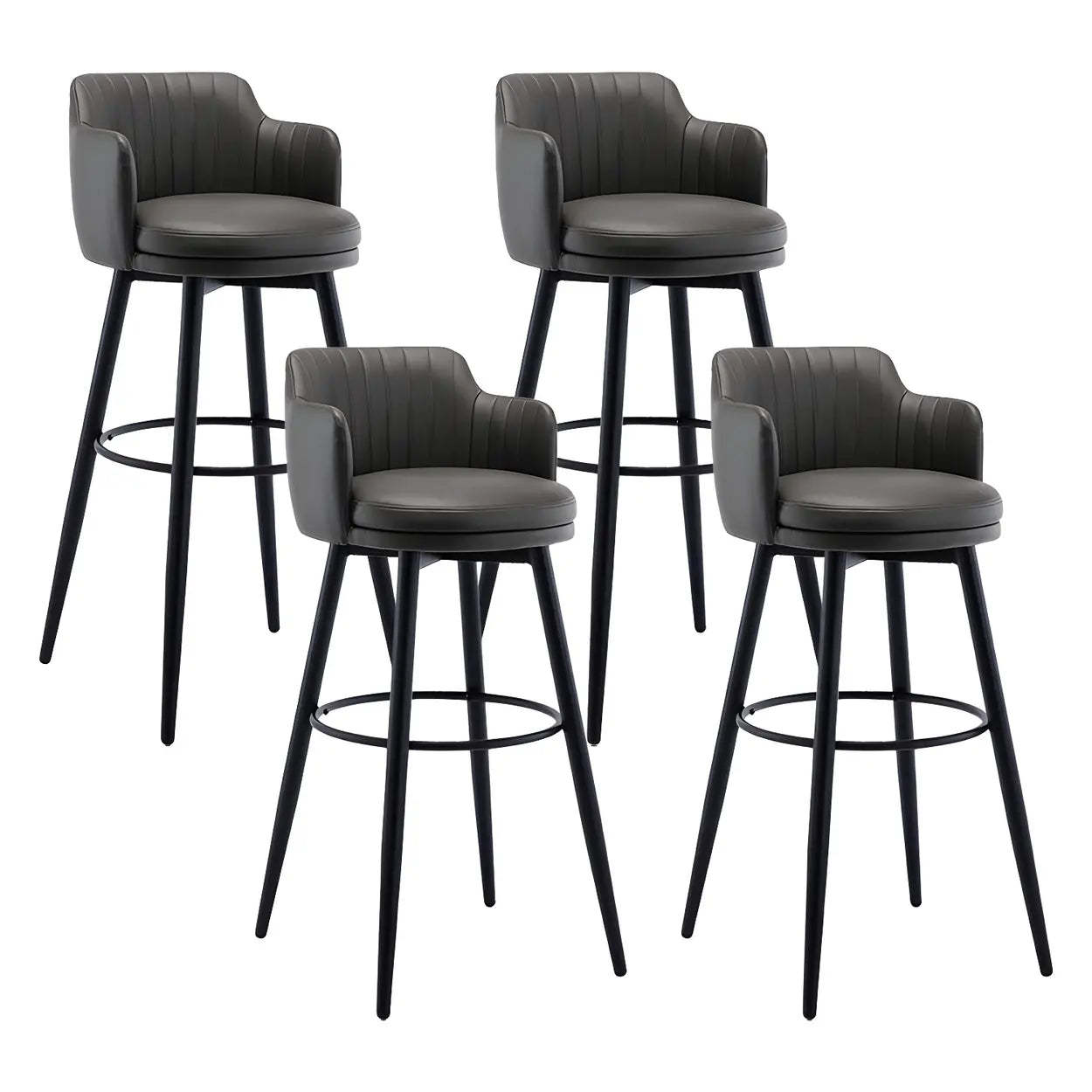 Round Leather Back Black Iron Bar Stool — Khaki / 4 Piece Set