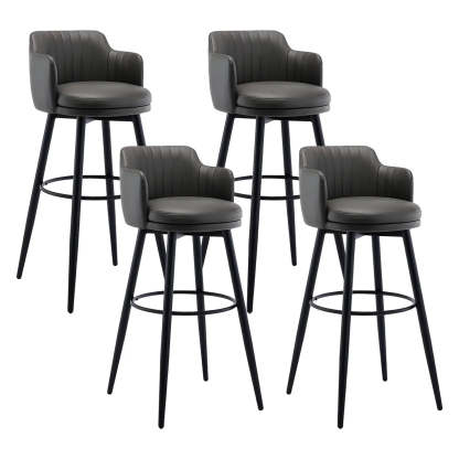 Round Leather Back Black Iron Bar Stool — Khaki / 4 Piece Set