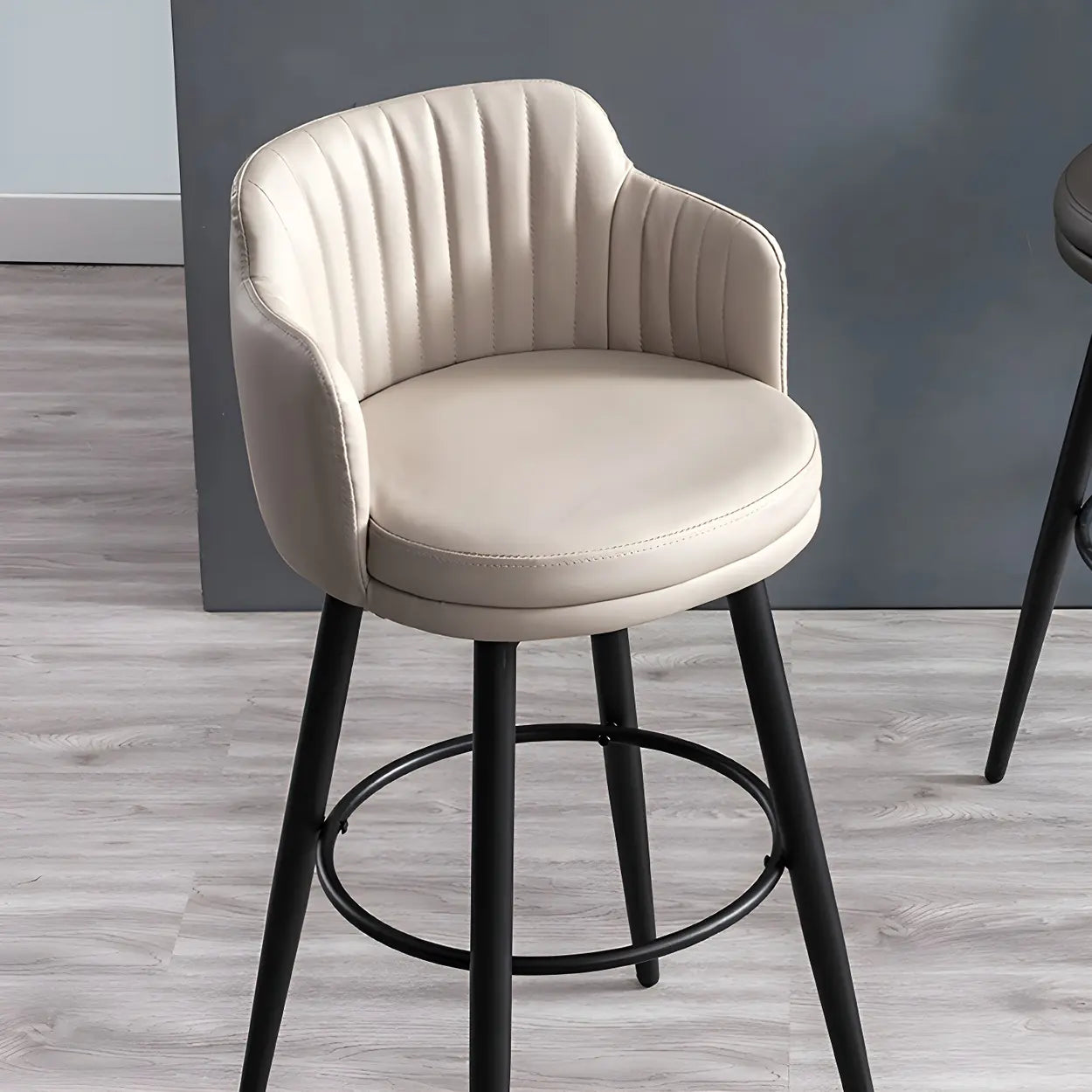 Round Leather Back Black Iron Bar Stool — Khaki / 4 Piece Set