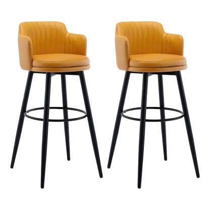 Round Leather Back Black Iron Bar Stool — Grey / 2 Piece Set