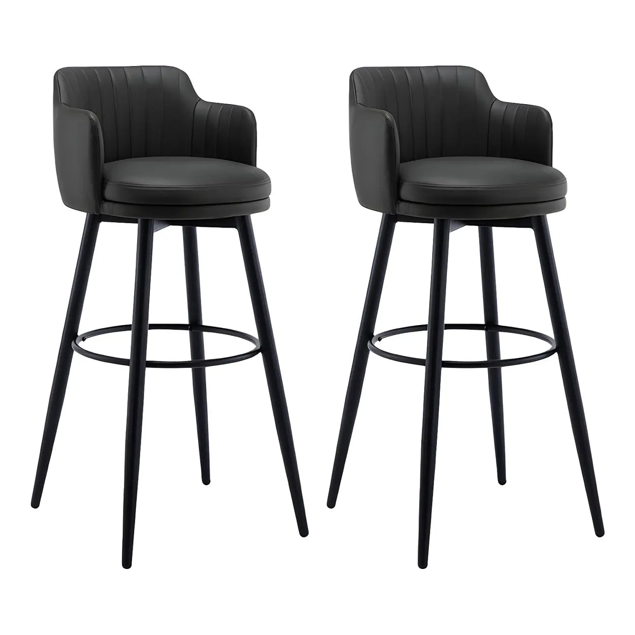 Round Leather Back Black Iron Bar Stool — Grey / 2 Piece Set
