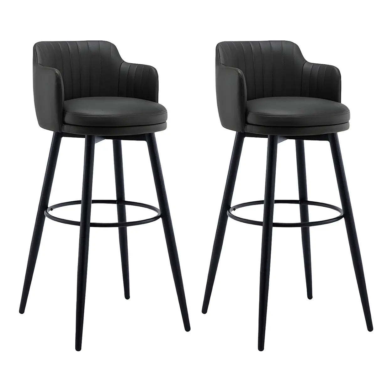 Round Leather Back Black Iron Bar Stool — Grey / 2 Piece Set