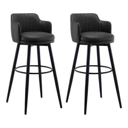 Round Leather Back Black Iron Bar Stool — Grey / 2 Piece Set