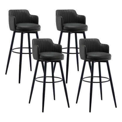 Round Leather Back Black Iron Bar Stool — Grey / 4 Piece Set