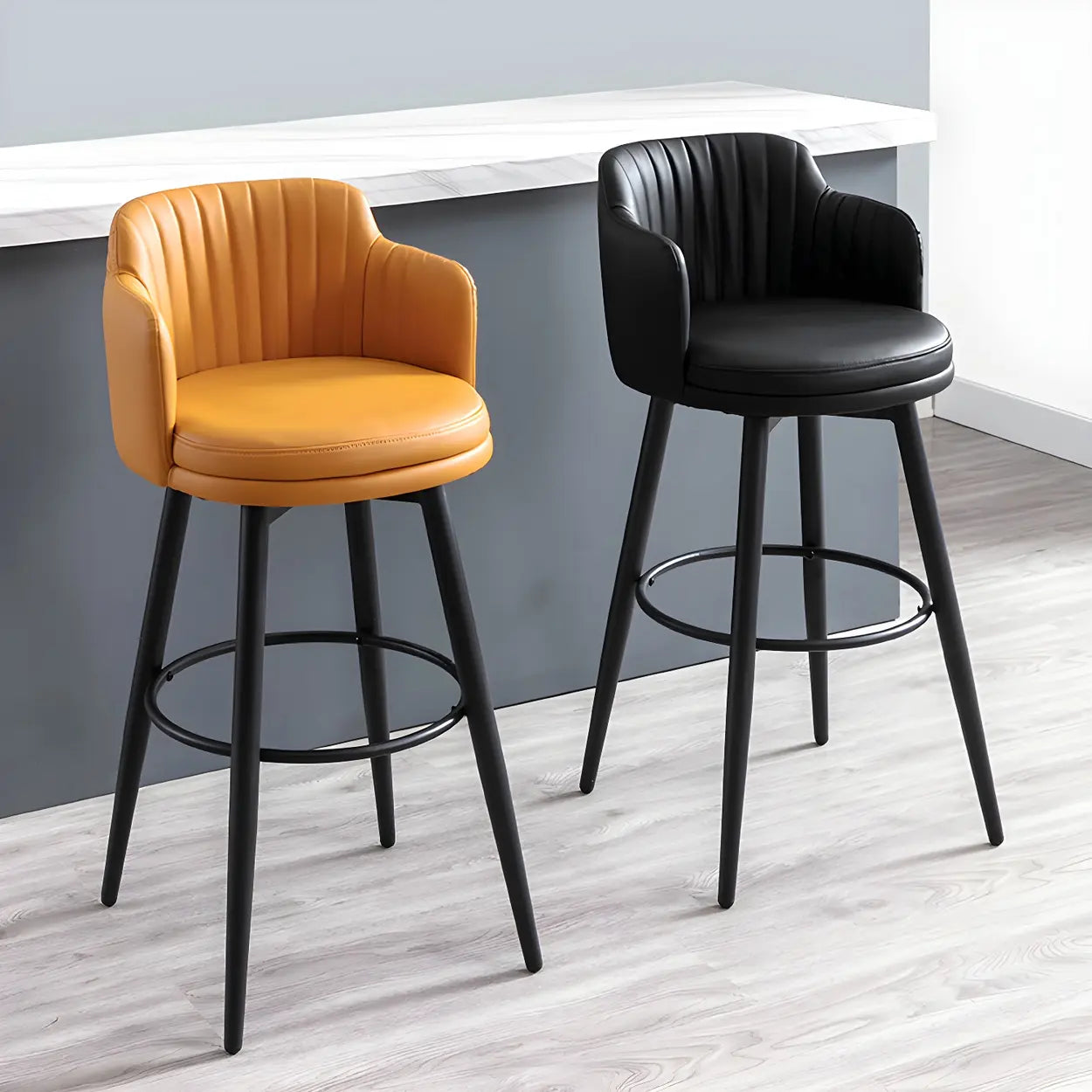 Round Leather Back Black Iron Bar Stool — Black / 4 Piece Set