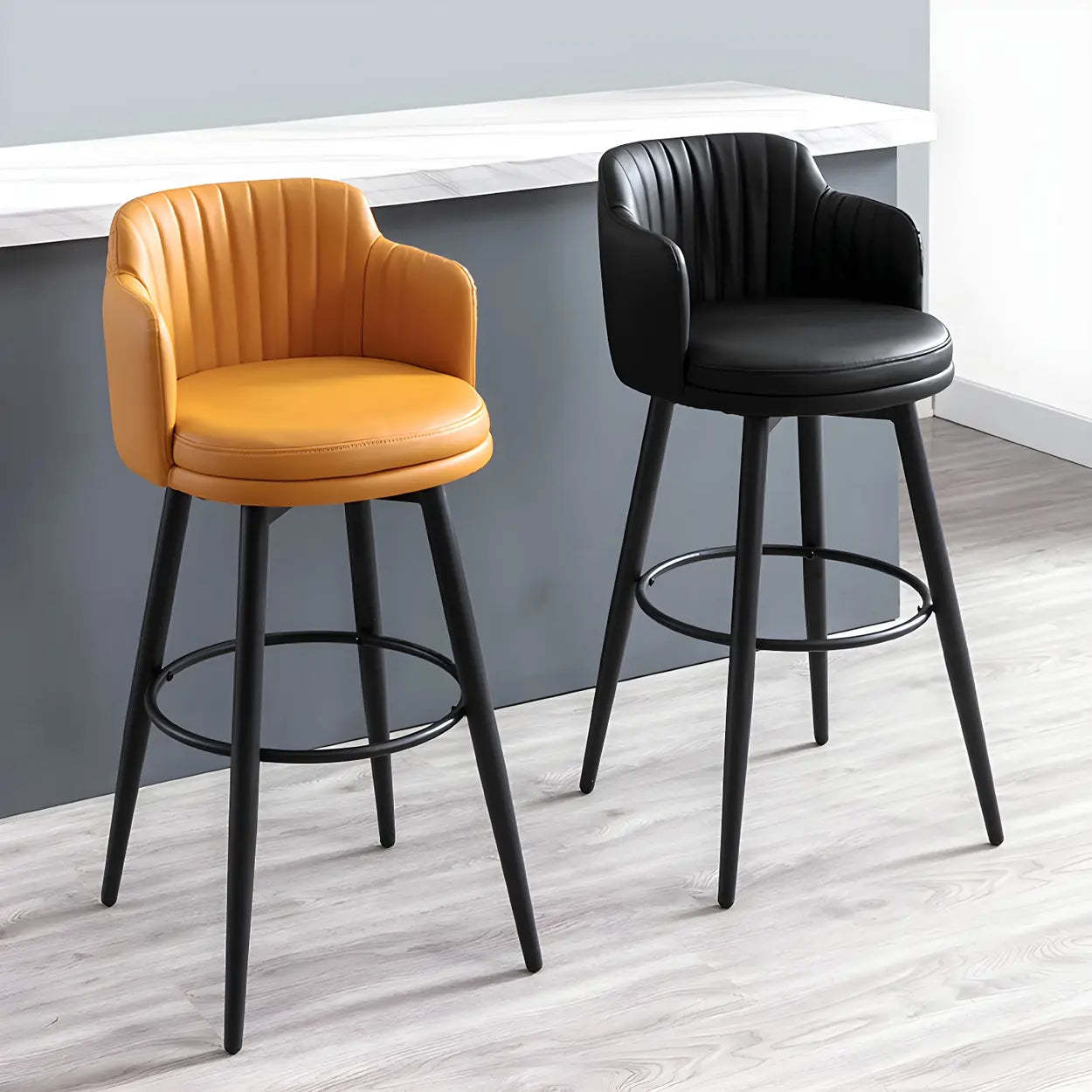 Round Leather Back Black Iron Bar Stool — Black / 4 Piece Set
