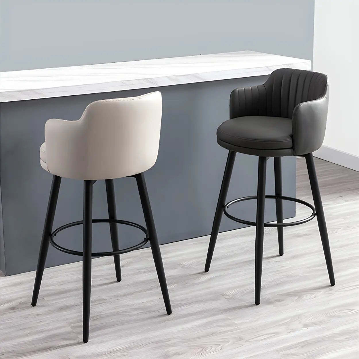 Round Leather Back Black Iron Bar Stool — Black / 4 Piece Set