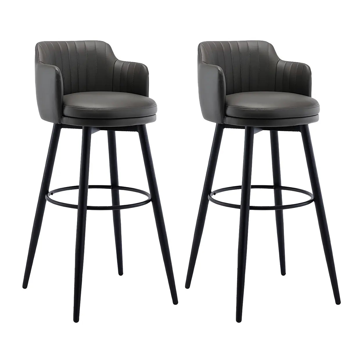 Round Leather Back Black Iron Bar Stool — Khaki / 2 Piece Set