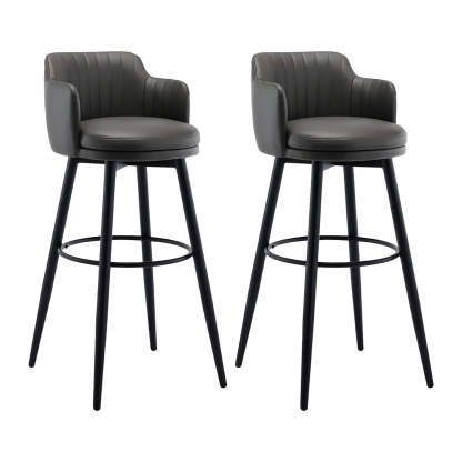 Round Leather Back Black Iron Bar Stool — Khaki / 2 Piece Set