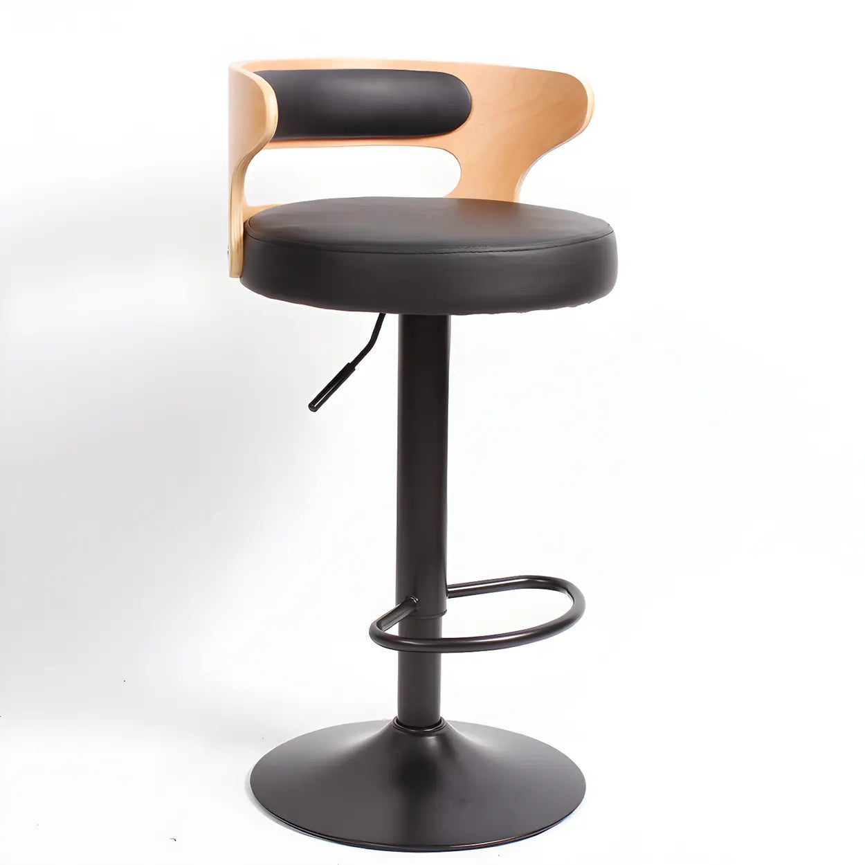 Round Leather Adjustable Pedestal Swivel Bar Stool — Matte Black / 1 Piece