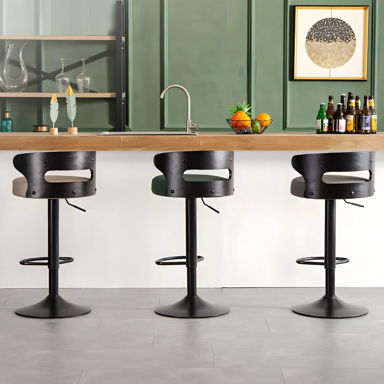 Round Leather Adjustable Pedestal Swivel Bar Stool — Gloss Black / 1 Piece