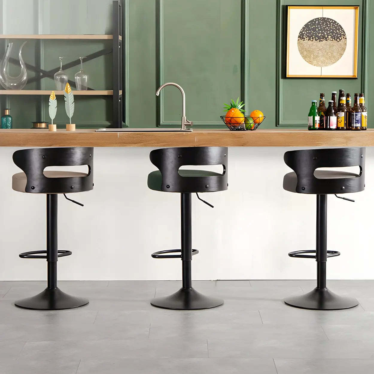 Round Leather Adjustable Pedestal Swivel Bar Stool — Gloss Black / 1 Piece