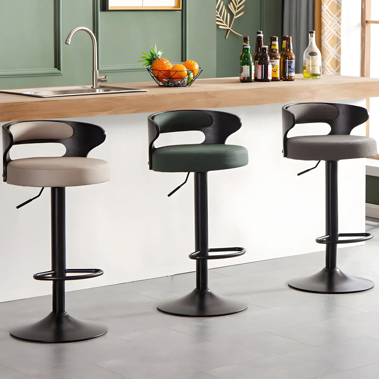 Round Leather Adjustable Pedestal Swivel Bar Stool — Textured Black / 1 Piece