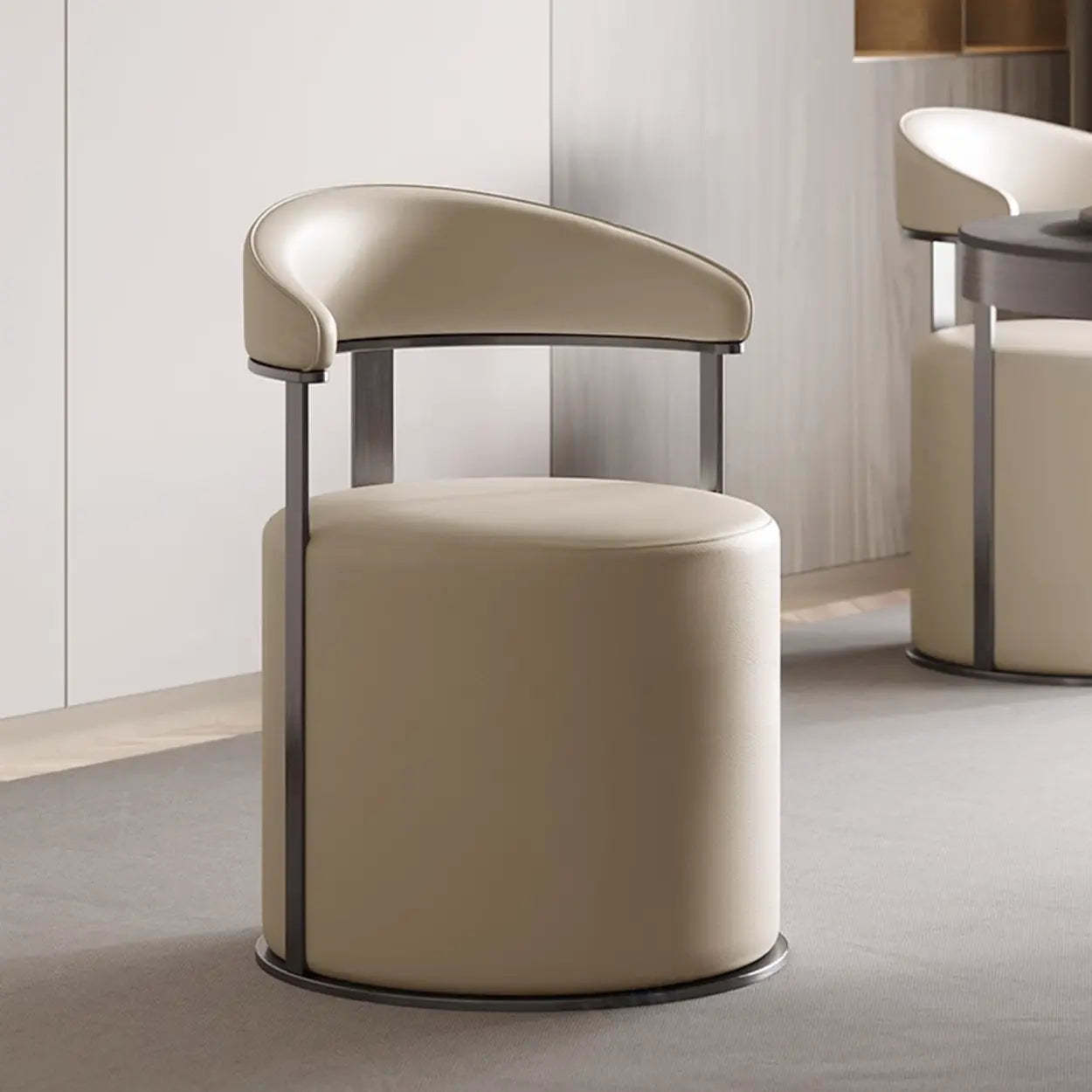 Nude Leather Curved-Back Round Dining Chair — Nude