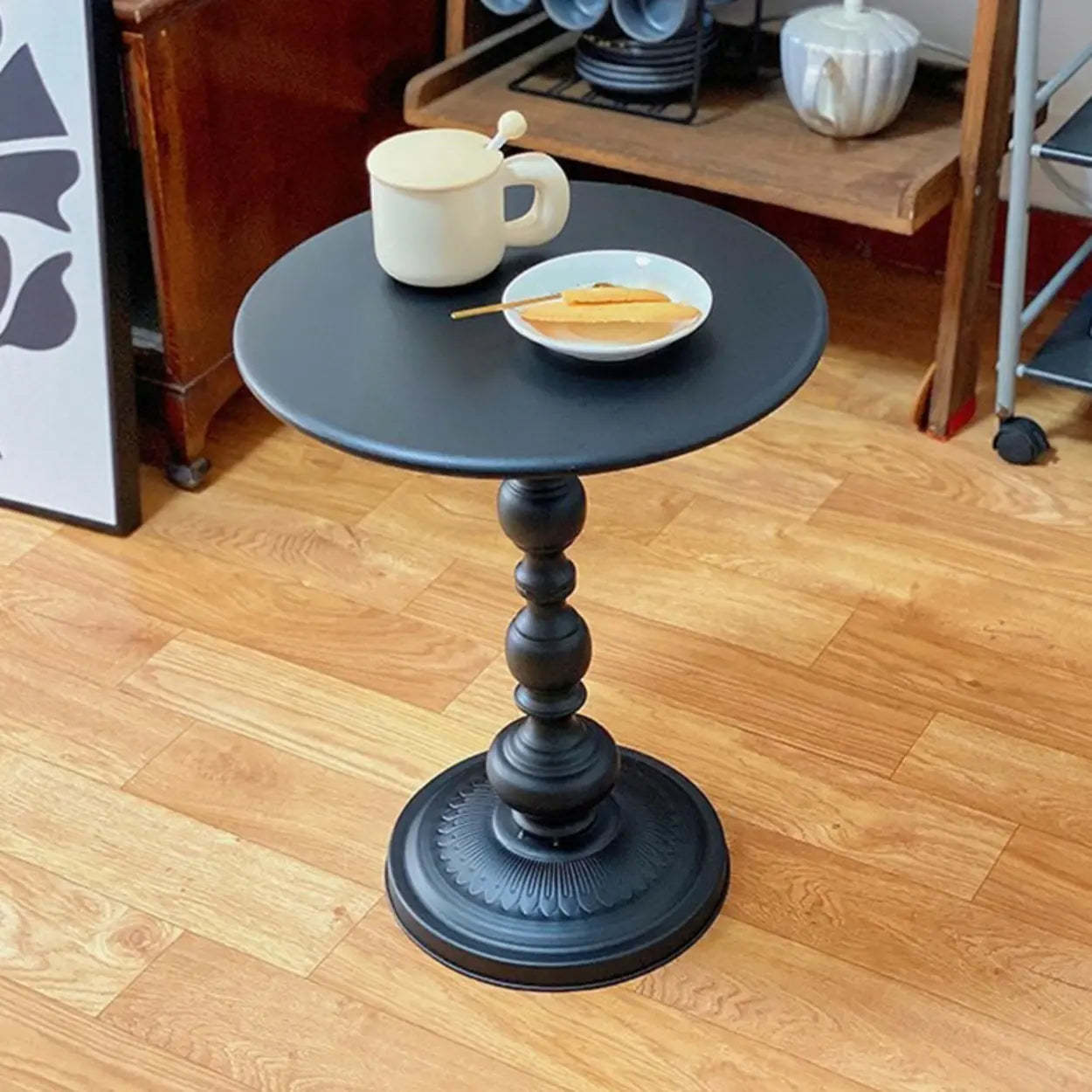 Round Black Metal Pedestal Chairside Table — White / 2