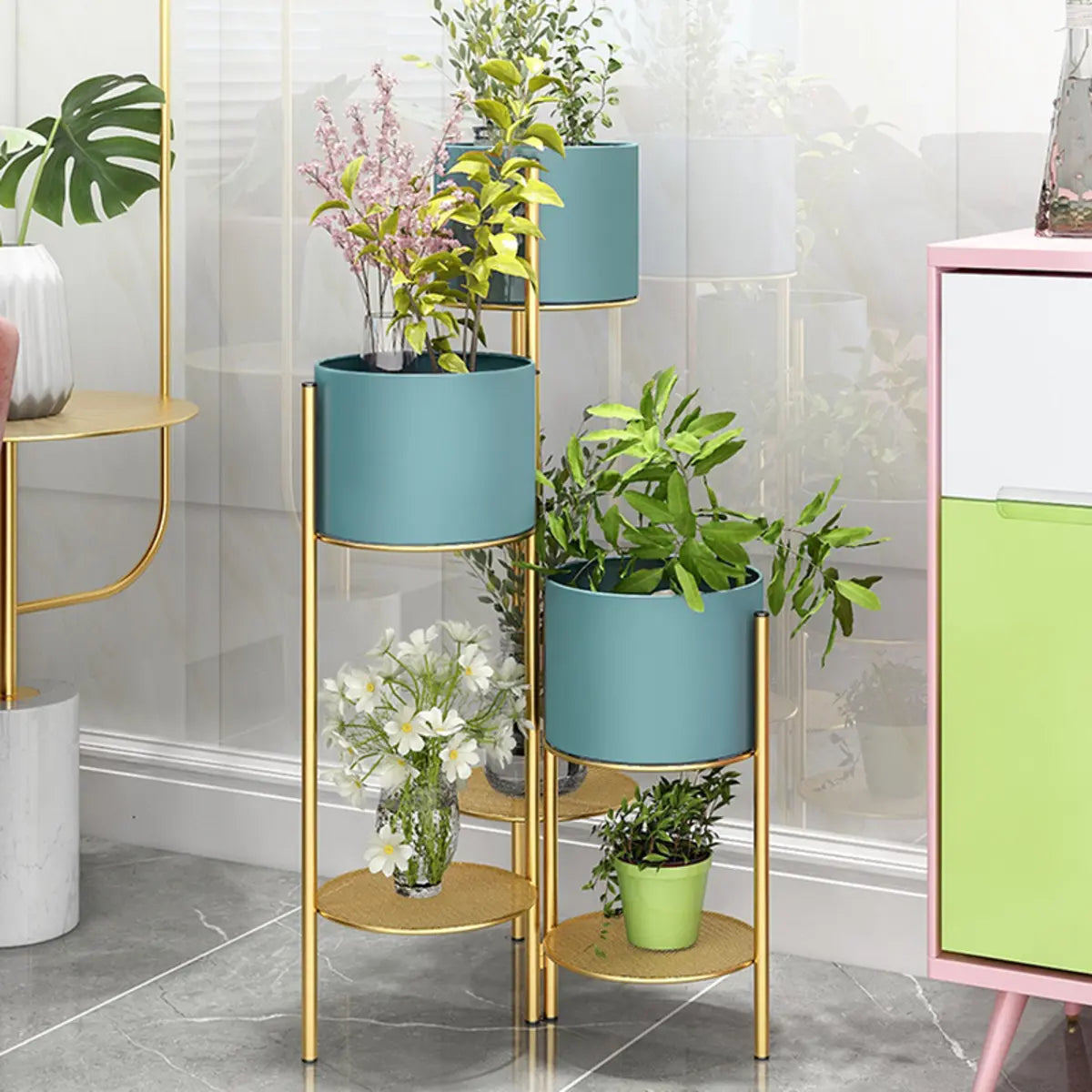 Blue Round Metal 6-Tier Indoor Plant Stand — Black