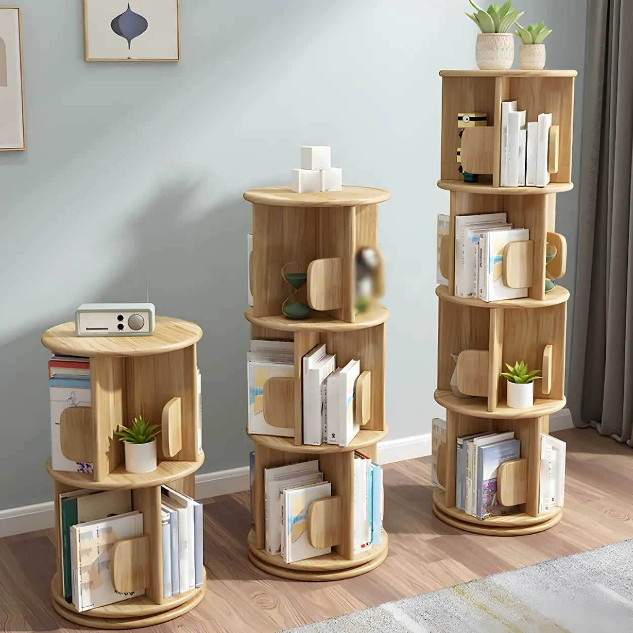 Natural Rotating Wood Geometric Bookcase