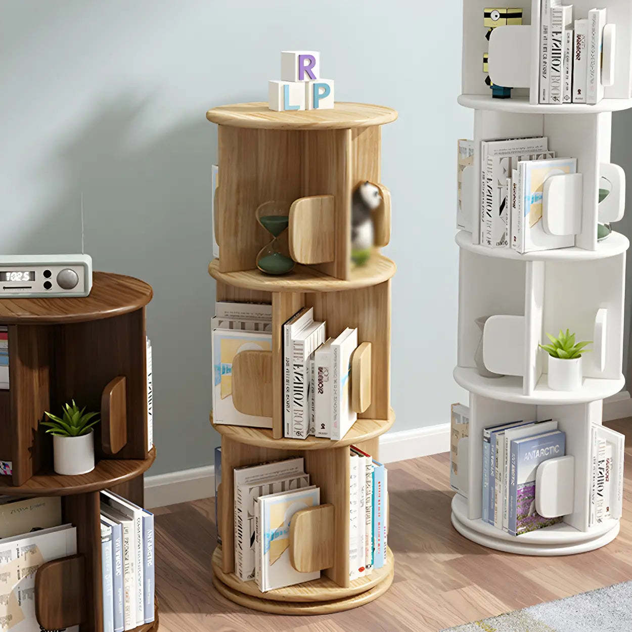 Natural Rotating Wood Geometric Bookcase