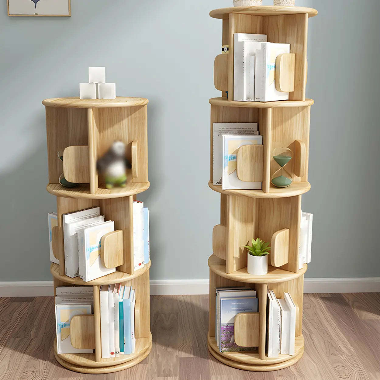Natural Rotating Wood Geometric Bookcase — Wood Color