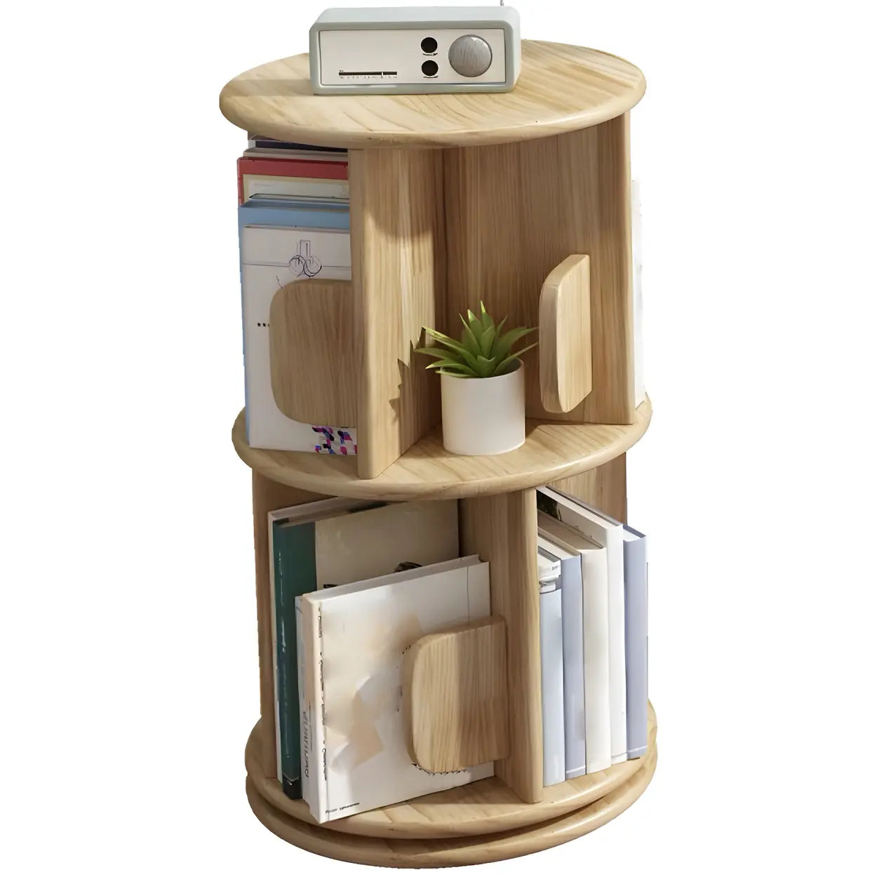 Natural Rotating Wood Geometric Bookcase — Walnut