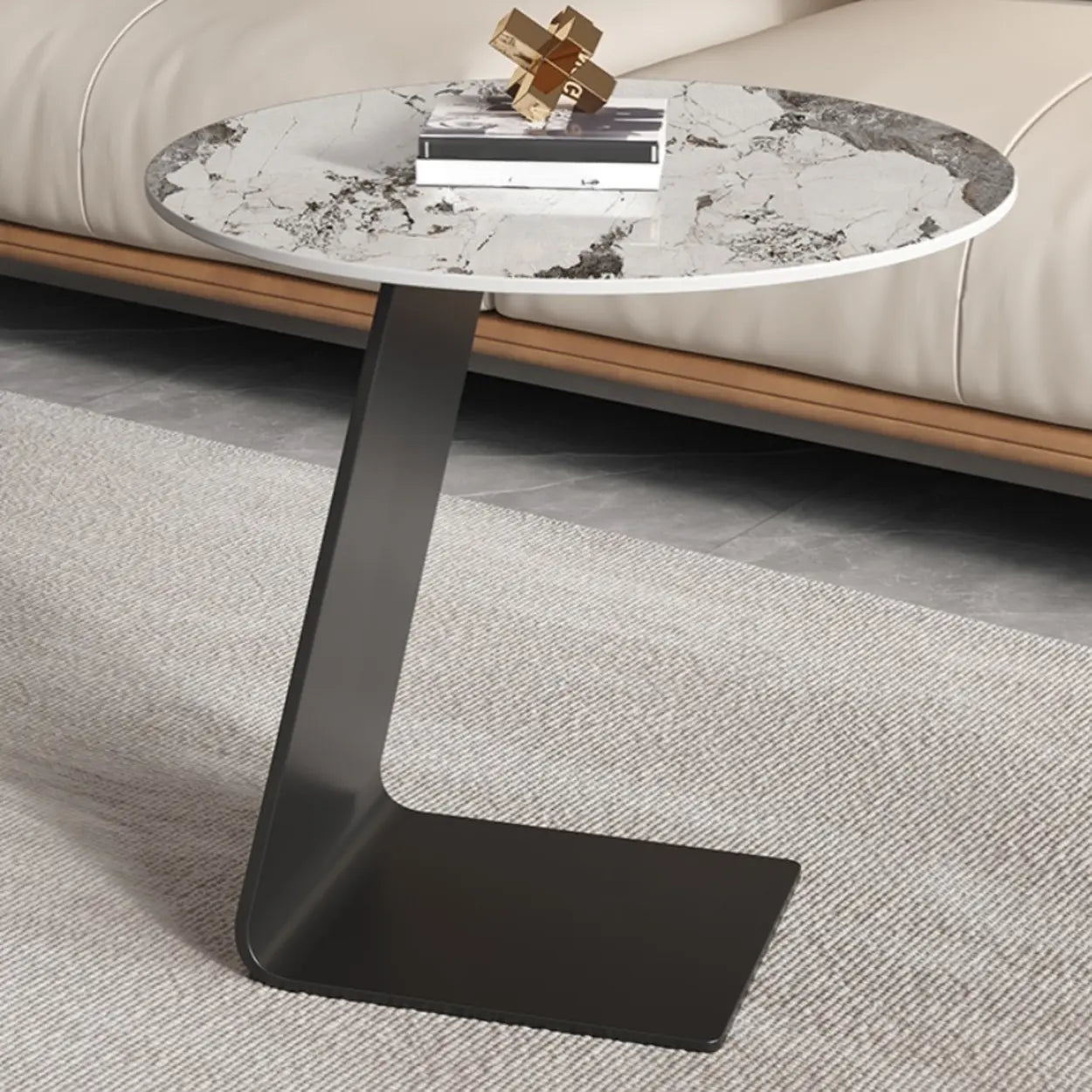 Round Black C-Shape Marble Chairside Table