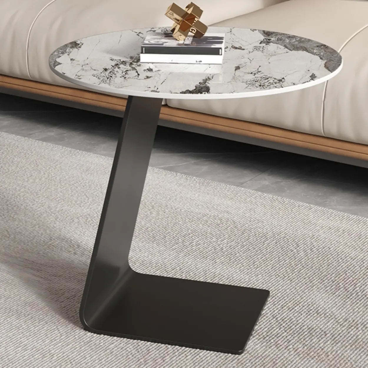 Round Black C-Shape Marble Chairside Table — Tempered Glass / Gray