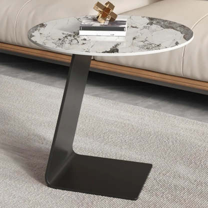 Round Black C-Shape Marble Chairside Table — Tempered Glass / Gray
