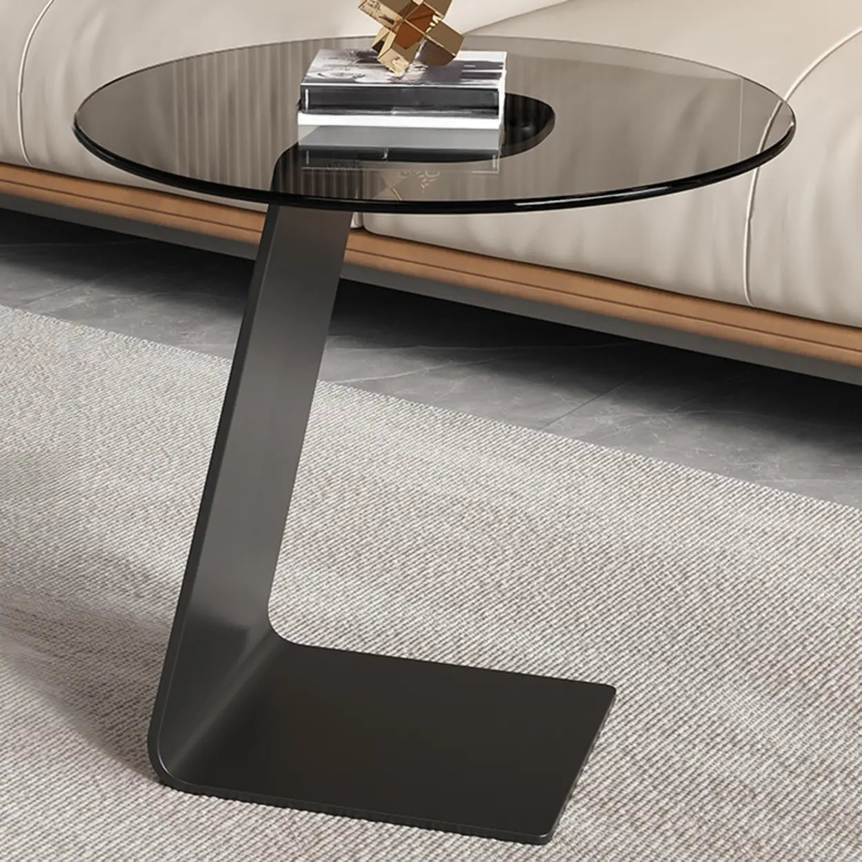 Round Black C-Shape Marble Chairside Table — Rock Beam / White