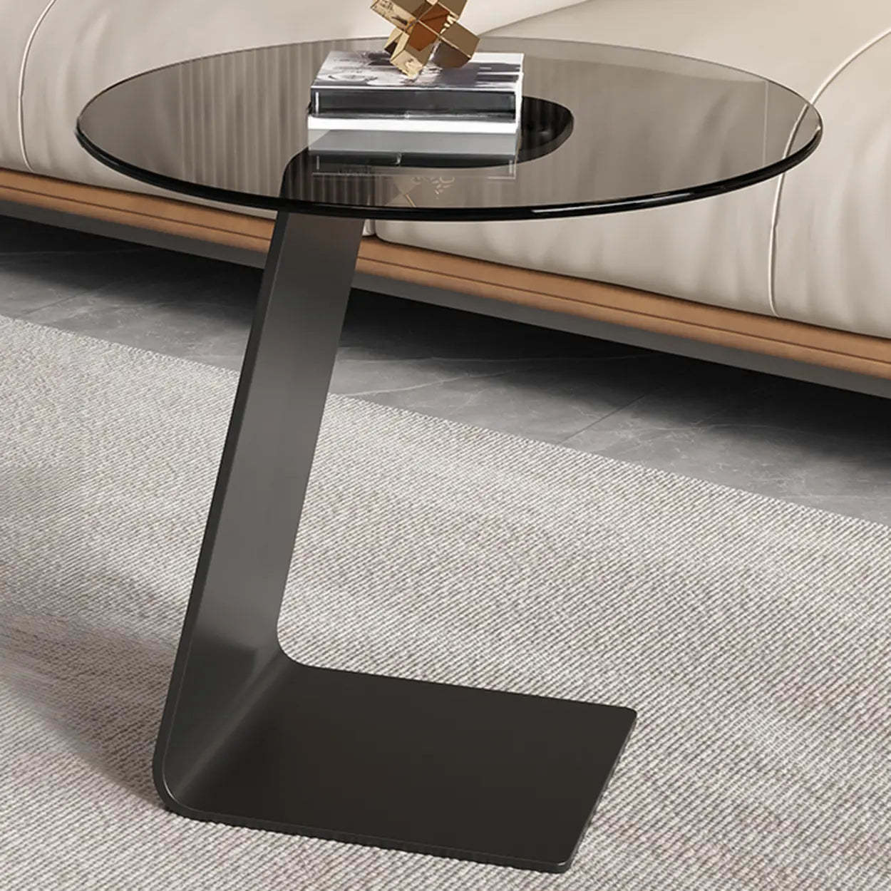 Round Black C-Shape Marble Chairside Table — Rock Beam / White
