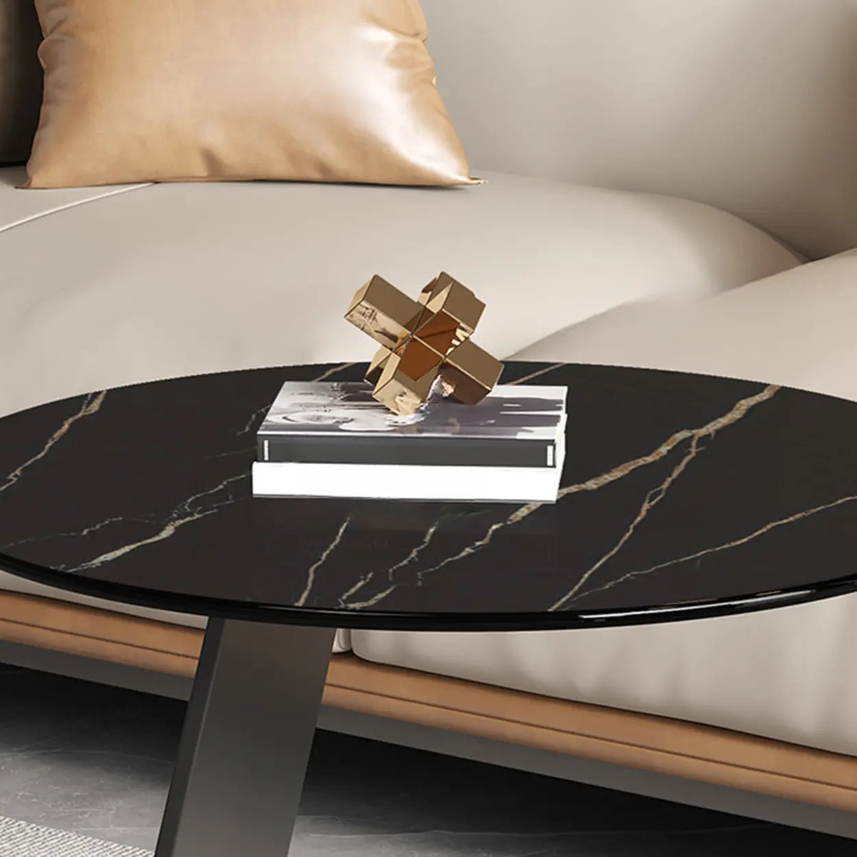 Round Black C-Shape Marble Chairside Table — Rock Beam / Black/ Gold
