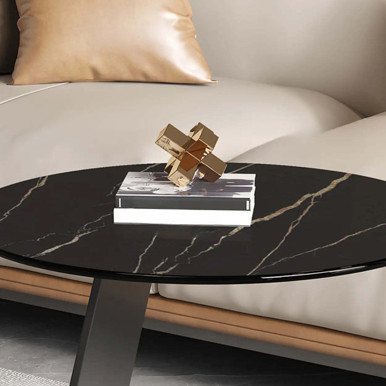 Round Black C-Shape Marble Chairside Table — Rock Beam / Black/ Gold