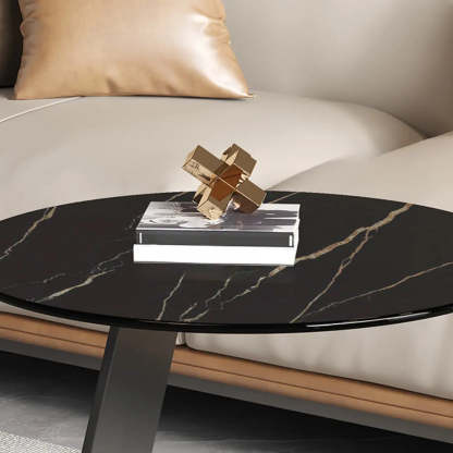 Round Black C-Shape Marble Chairside Table — Rock Beam / Black/ Gold