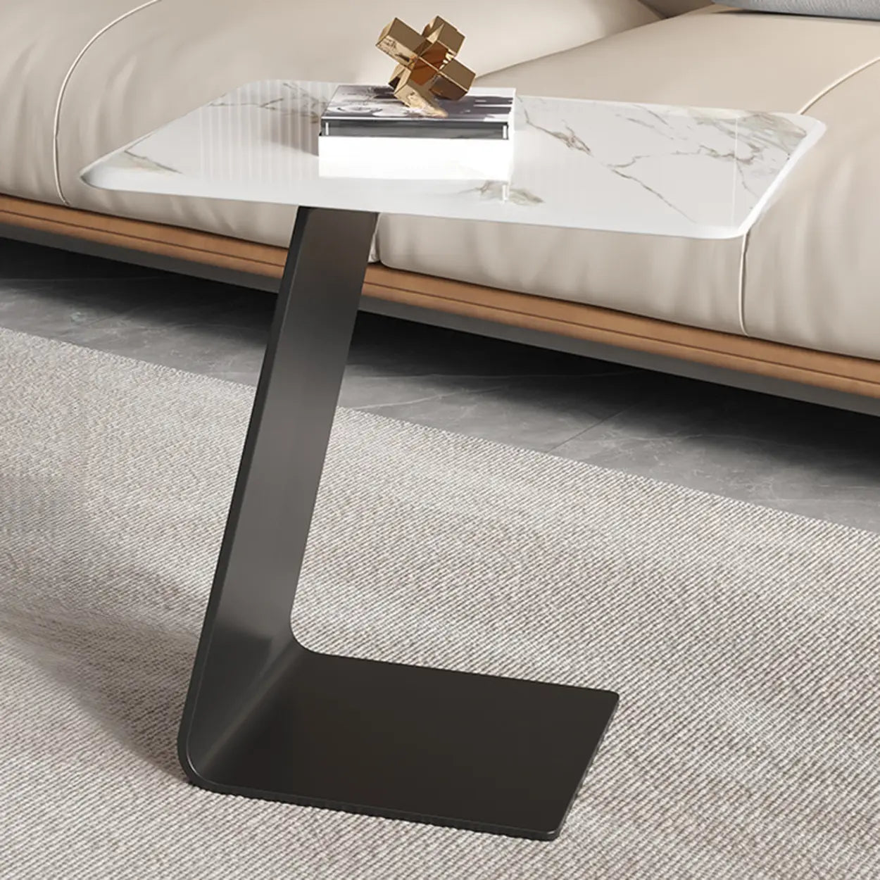 Round Black C-Shape Marble Chairside Table — Tempered Glass / Gray