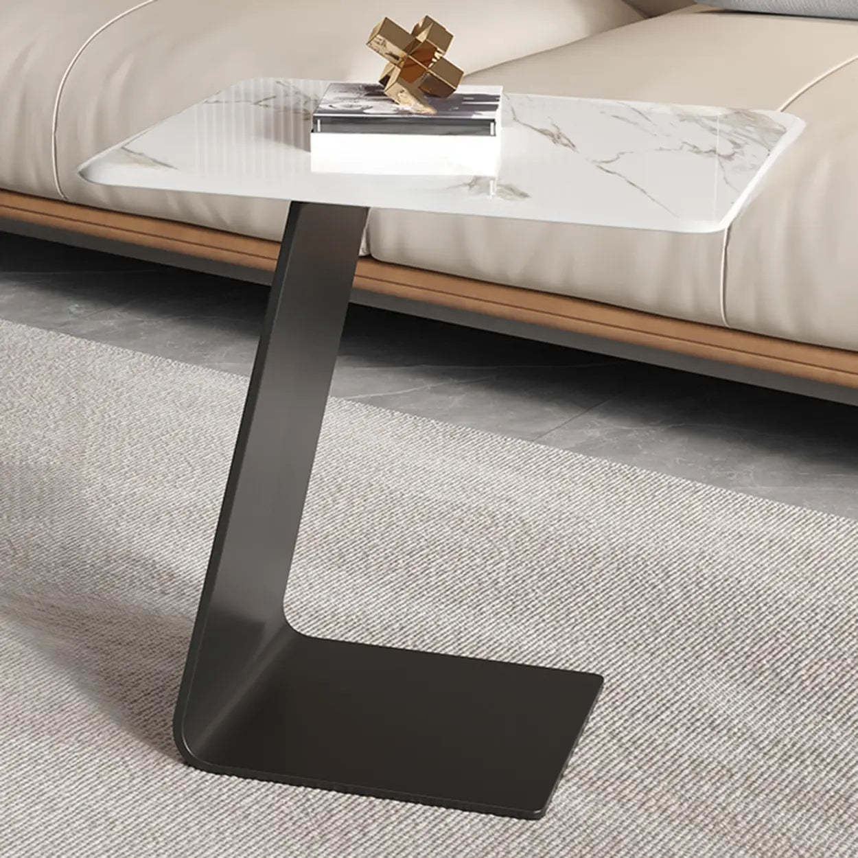 Round Black C-Shape Marble Chairside Table — Tempered Glass / Gray