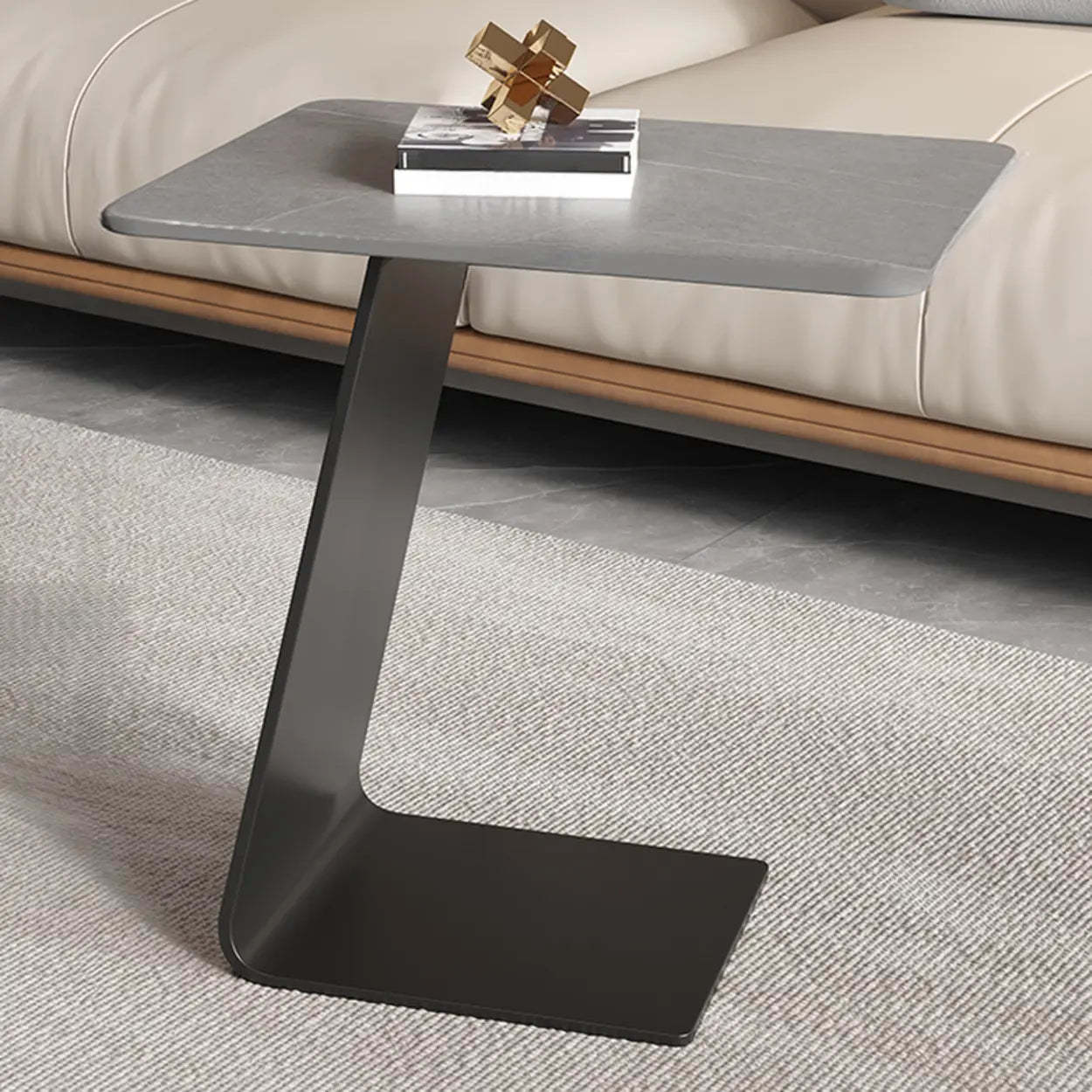 Round Black C-Shape Marble Chairside Table — Rock Beam / White
