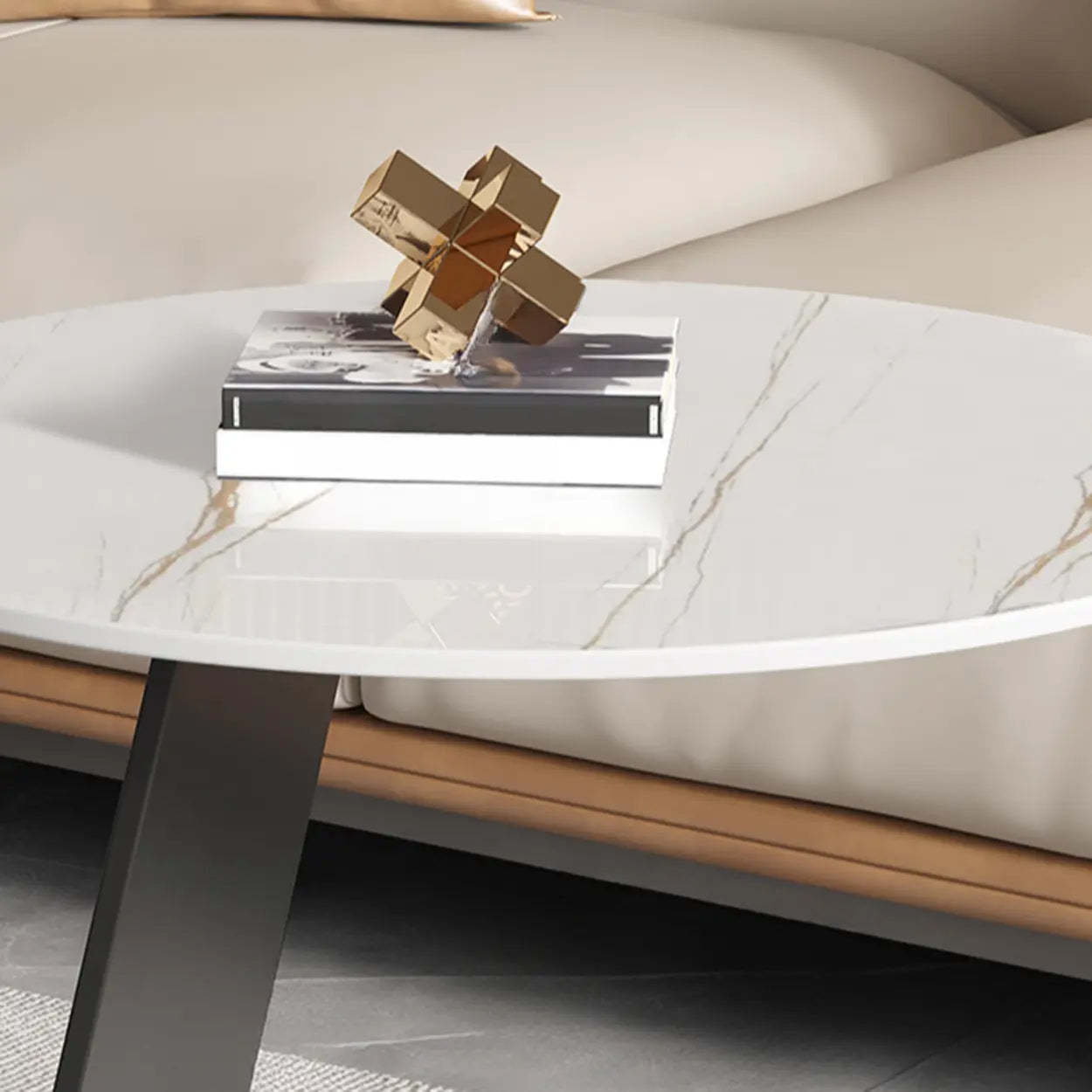 Round Black C-Shape Marble Chairside Table — Rock Beam / Black/ Gold