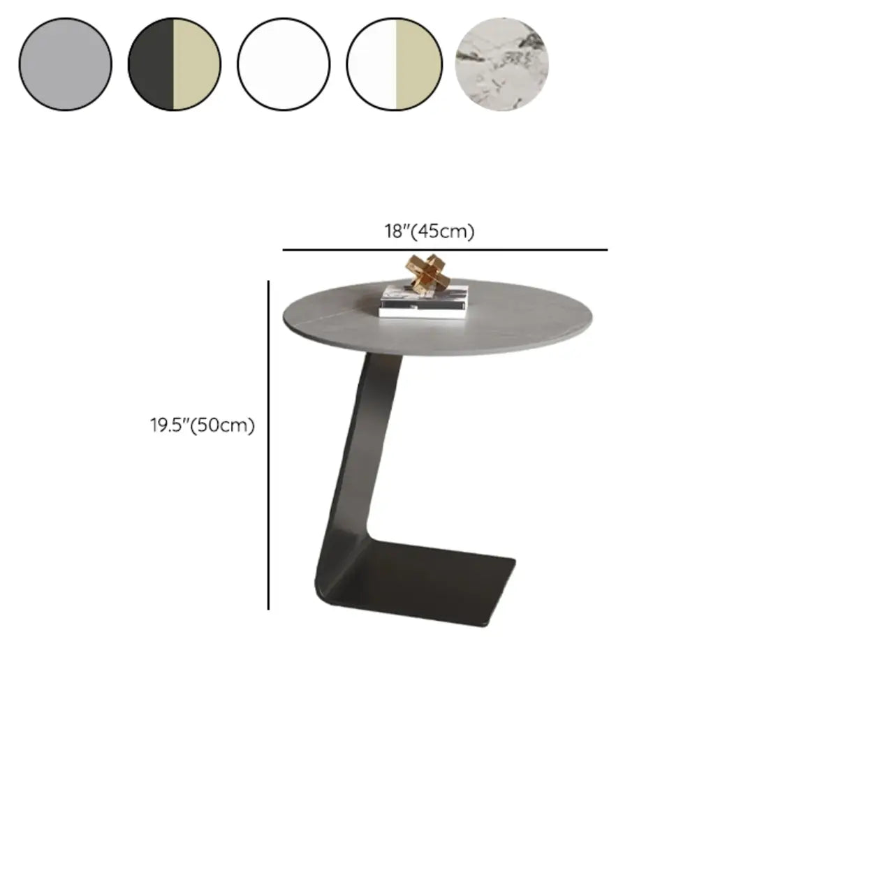 Round Black C-Shape Marble Chairside Table — Tempered Glass / Gray